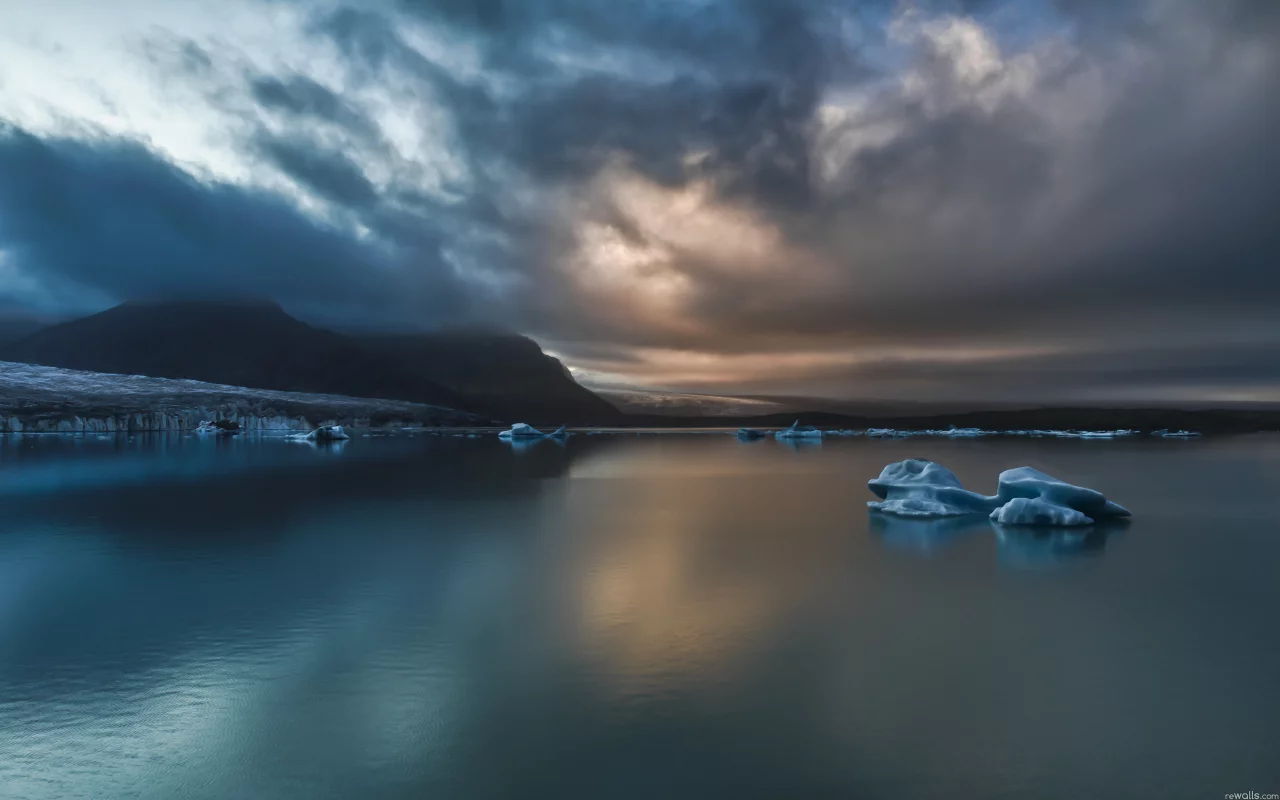 море, Закат, тучи, льдины, природа, пейзаж, горы, Исландия, небо, iceland