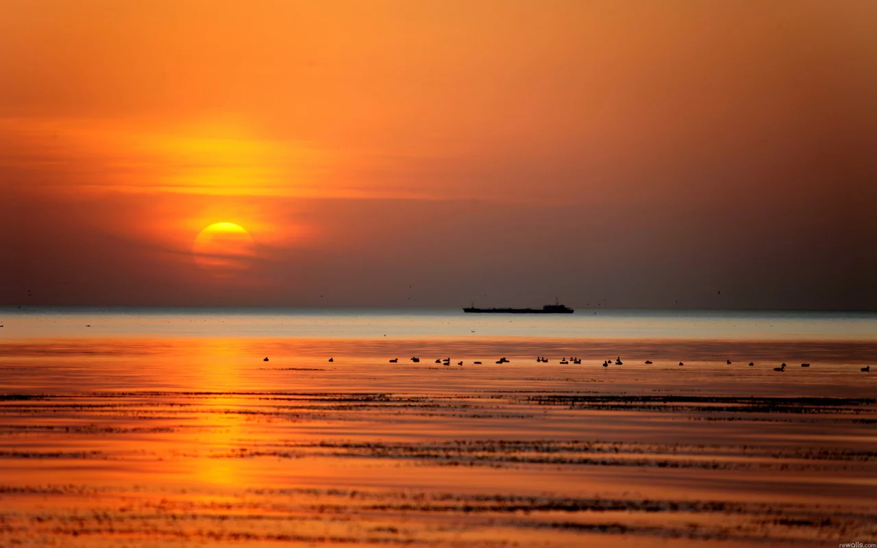 пейзаж, небо, закат, море, корабль