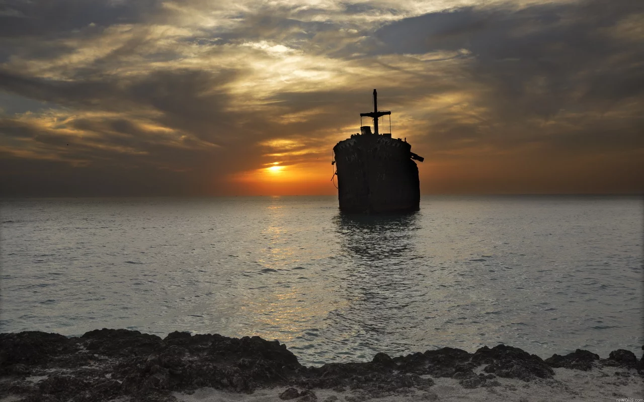 море, корабль, закат