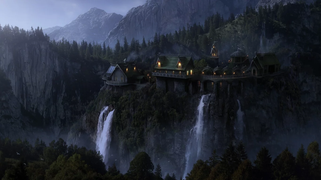 имладрис, mountains, властелин колец, imladris, водопады,, waterfalls, elven castle, trees, ривенделл, evening, fantasy, фэнтези, rocks, the lord of the rings, эльфийский замок, замок элронда, rivendell, lights, elven wood, birds, огни