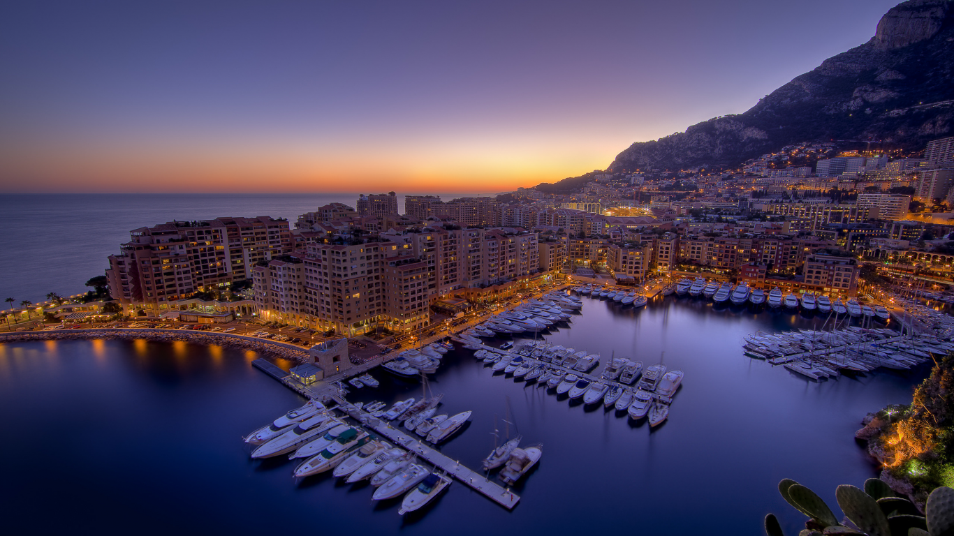 ночь, залив, город, monaco