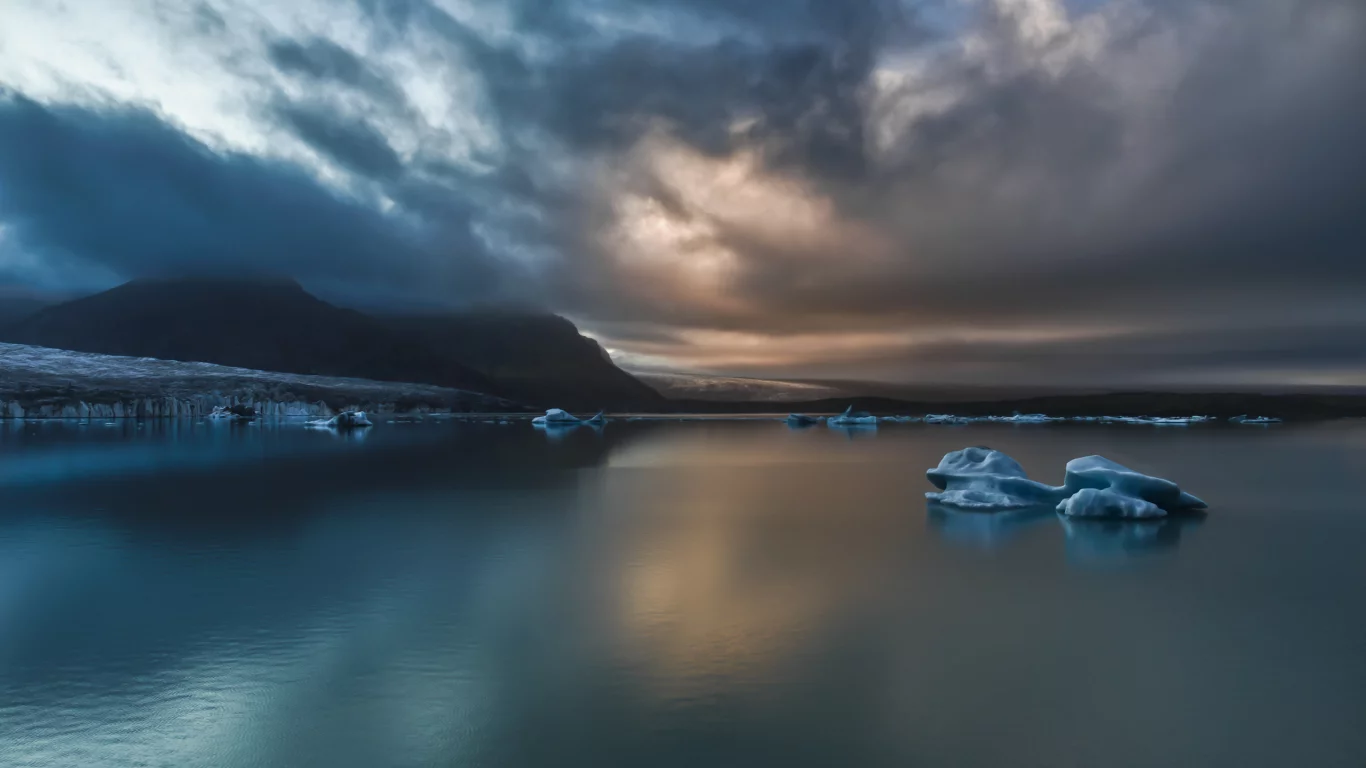 море, Закат, тучи, льдины, природа, пейзаж, горы, Исландия, небо, iceland