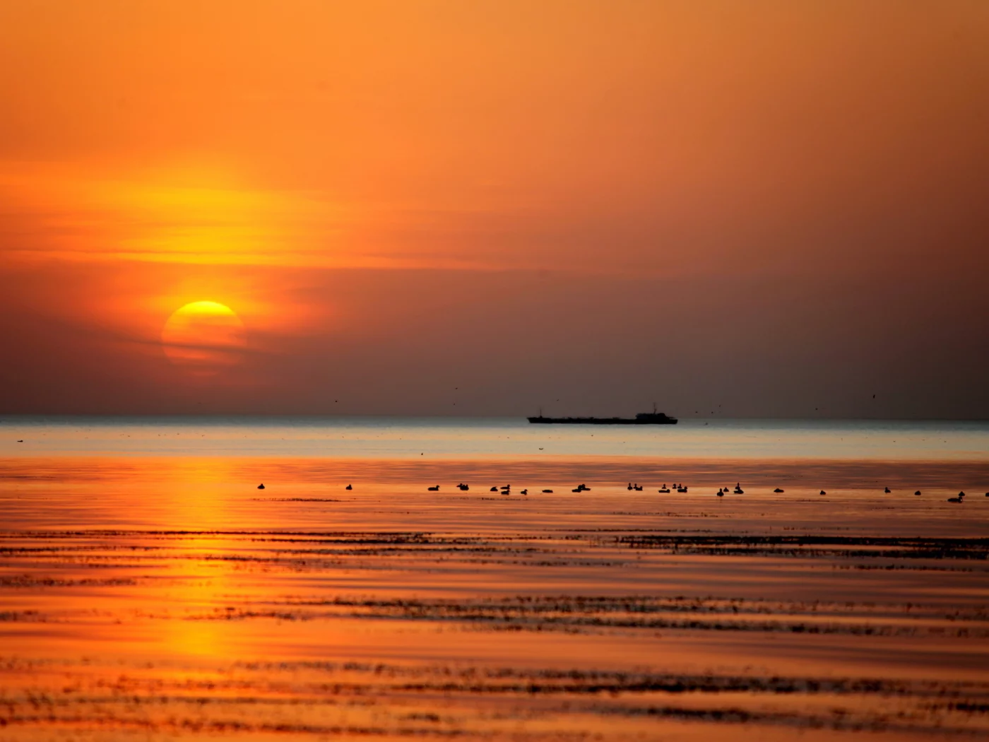 пейзаж, небо, закат, море, корабль