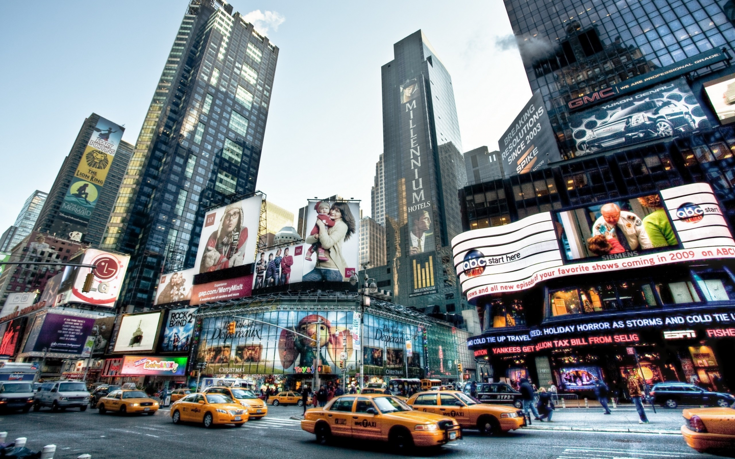 небоскребы, такси, нью-йорк, реклама, дорога