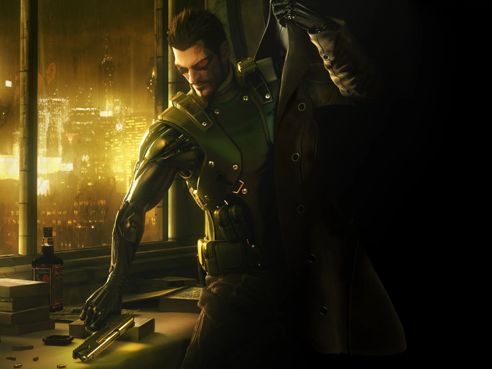 jensen, виски, adam, пистолет, робот, книги, deus ex, город, human revolution, плащ