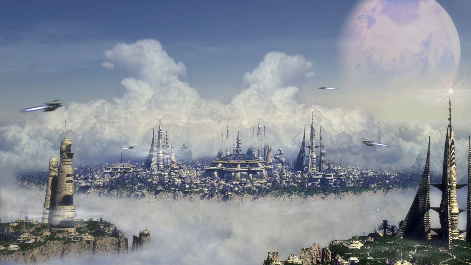город, будущего, облака