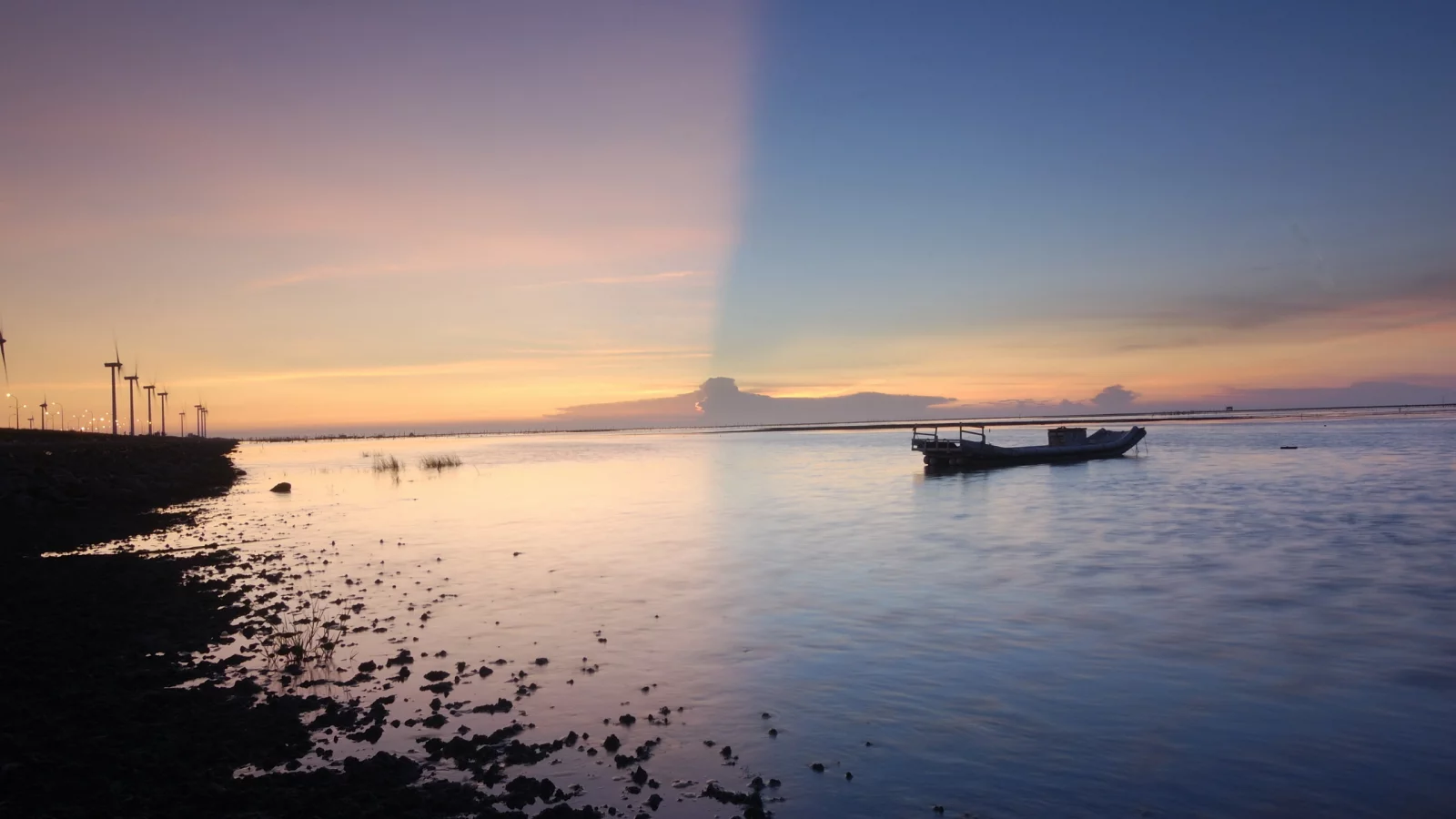 море, лодка, закат, свет
