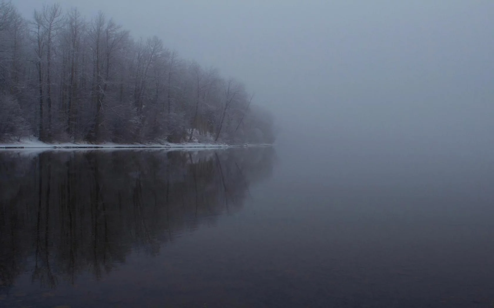 зима, деревья, вода, отражение