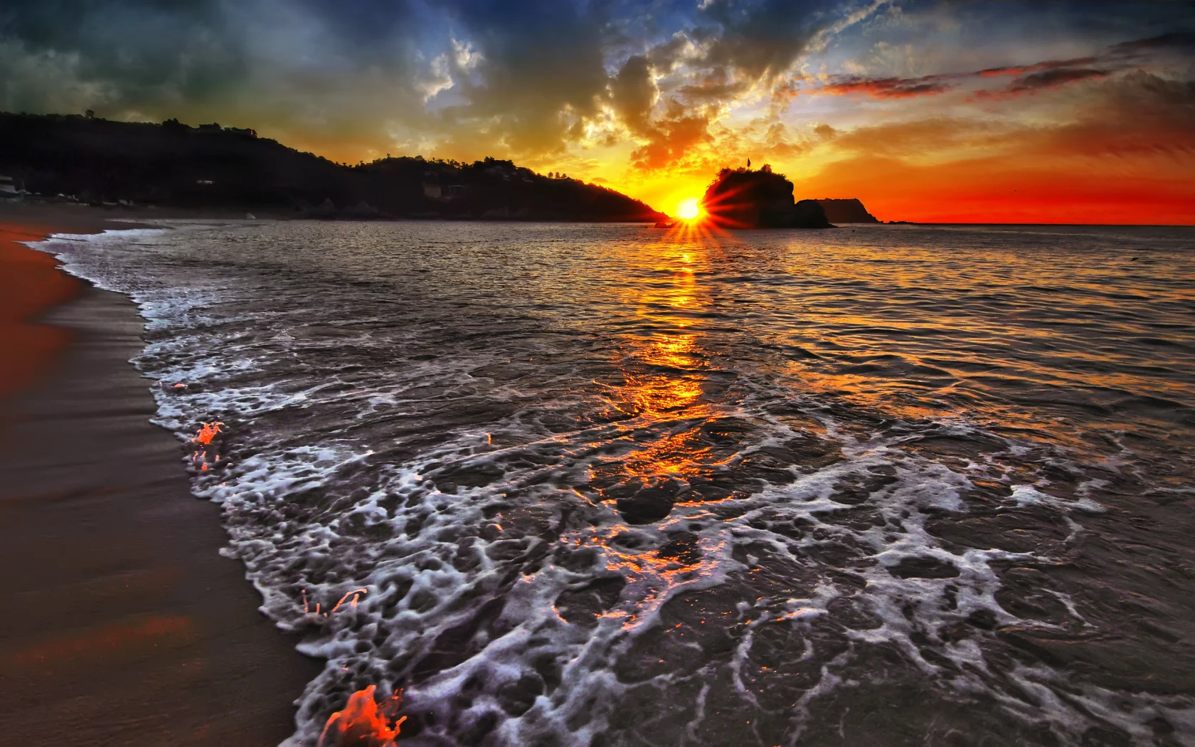 волны, закат, море