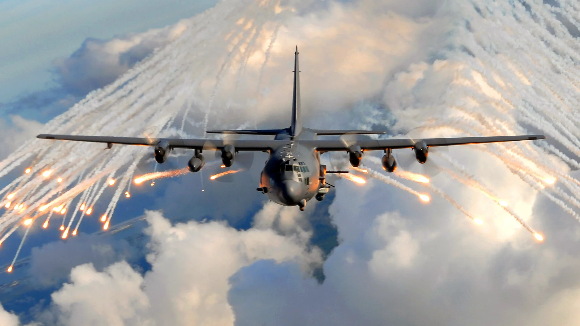 AC-130, облака, самолет, небо