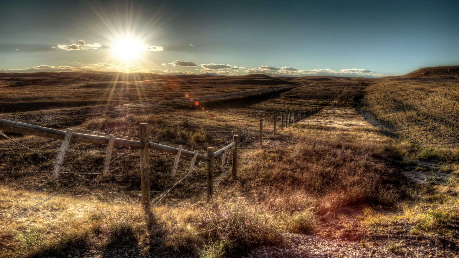 небо, пейзаж, поле, забор, HDR