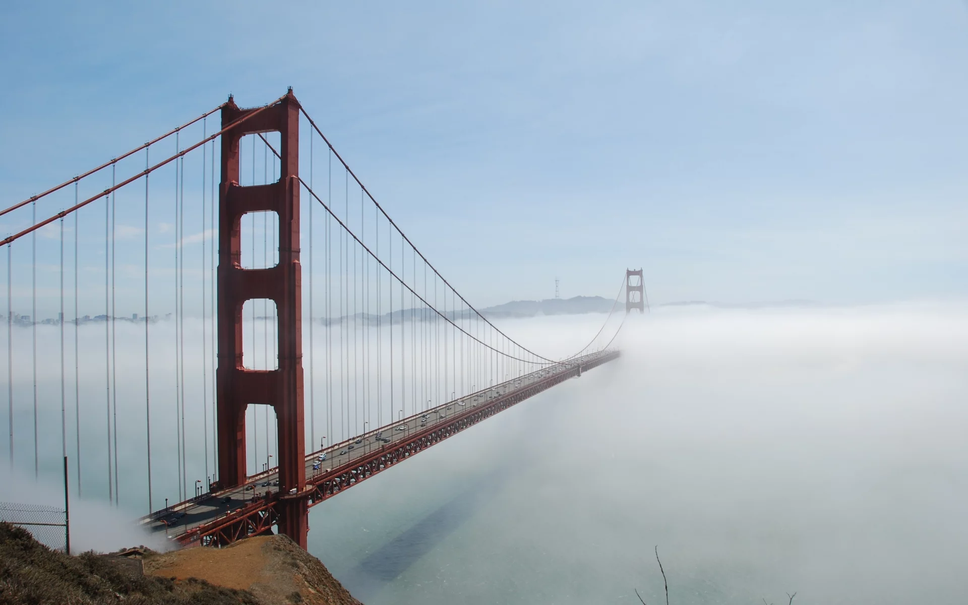 bridge, fog, sky