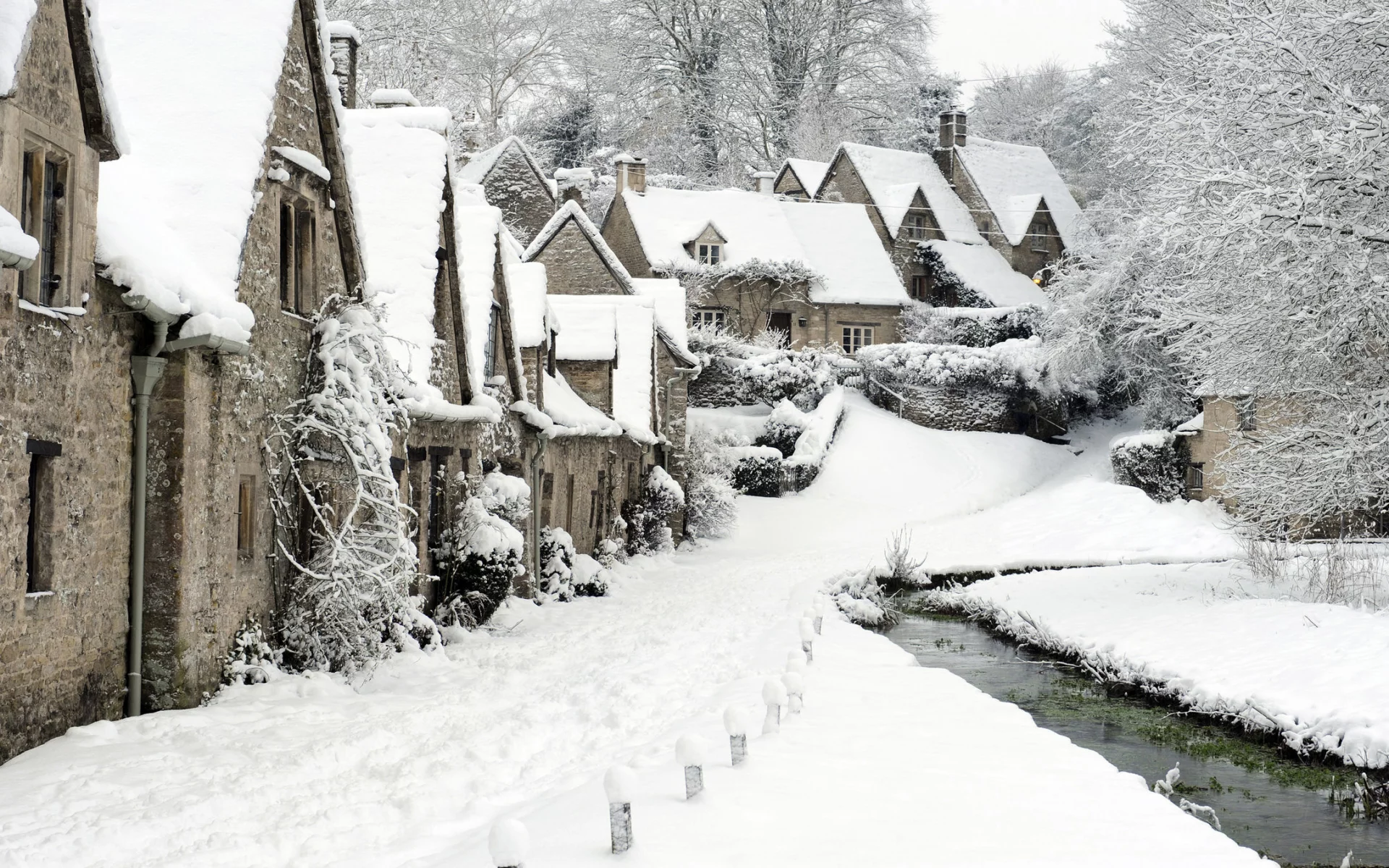 Bibury, снег, деревушка, англия, зима
