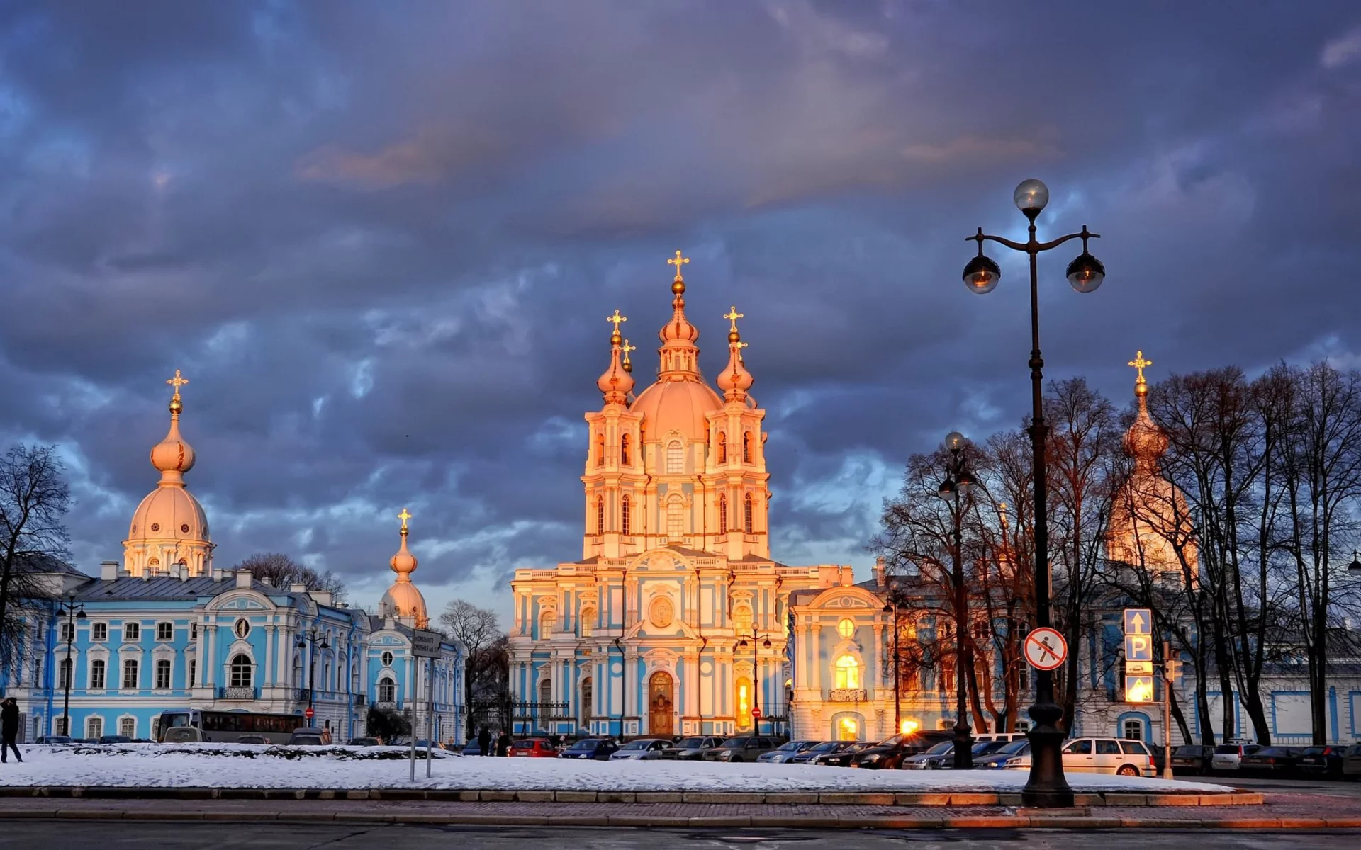 деревья, санкт-петербург, смольный собор, фонарь