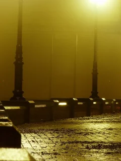 зонтом, мост, дождь, под, силуэт