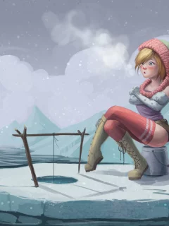 не клюет, девушка, зимняя, снег, замерзла, льдины, рыбалка