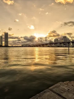 мост, город, дома, облака, река
