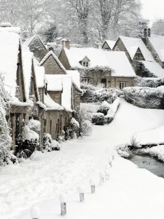 Bibury, снег, деревушка, англия, зима