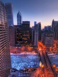 мост, река, лед, огни