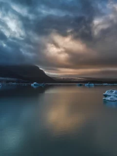 море, Закат, тучи, льдины, природа, пейзаж, горы, Исландия, небо, iceland