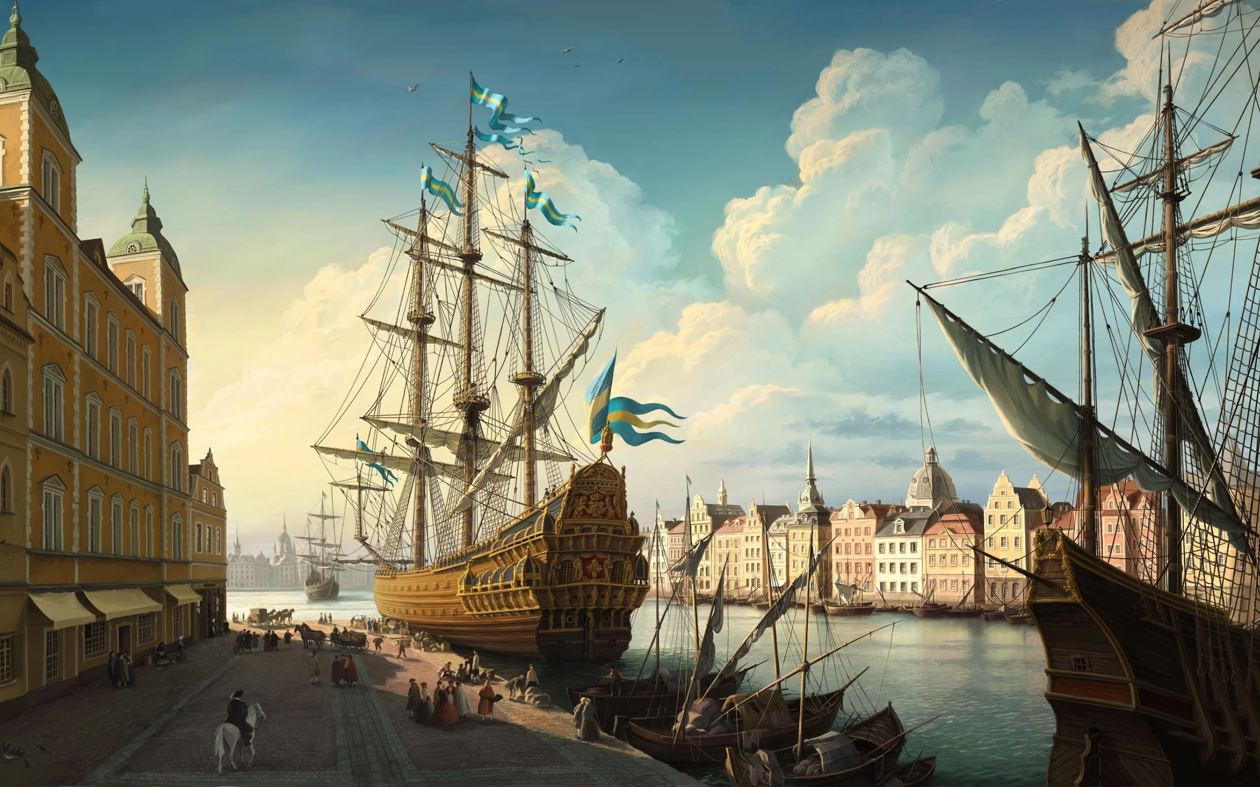 река, парусник, рисунок, корабль, облака