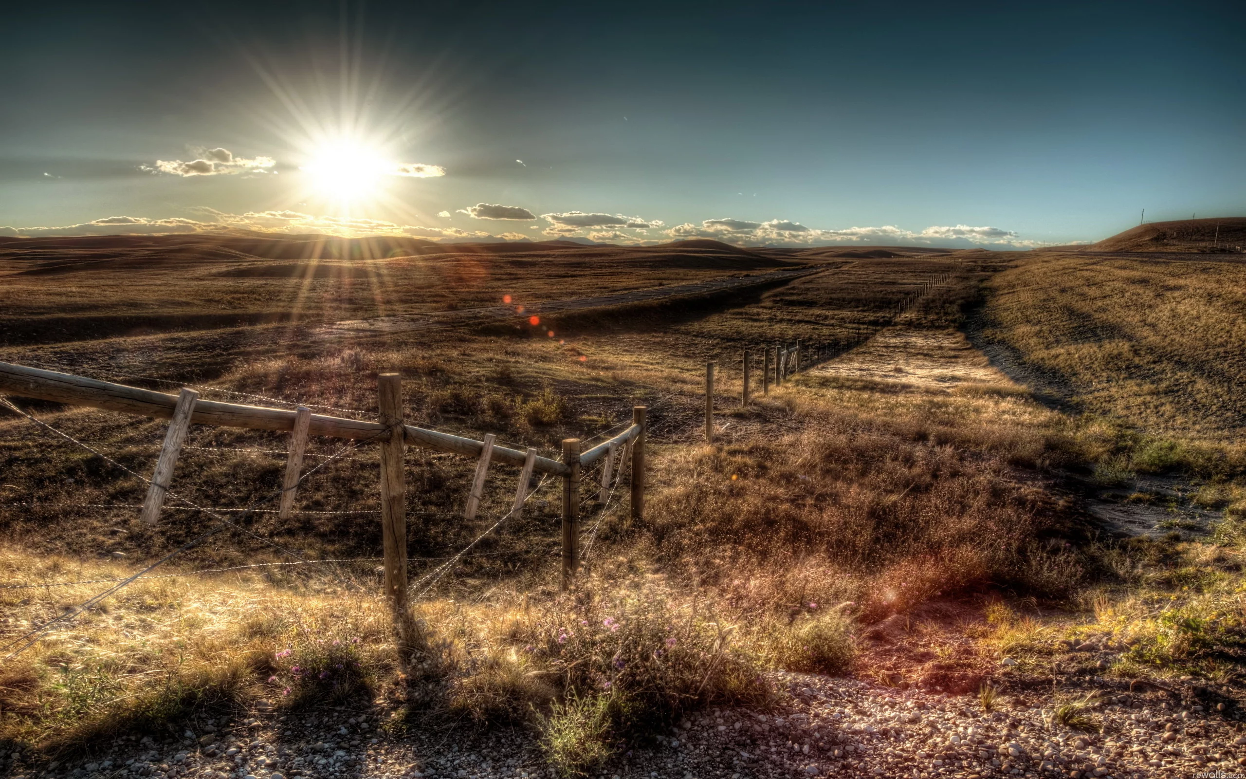 небо, пейзаж, поле, забор, HDR