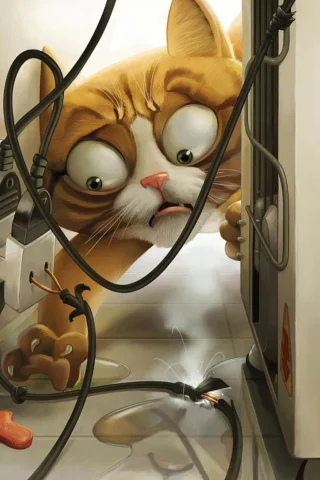 кот, розетка, холодильник