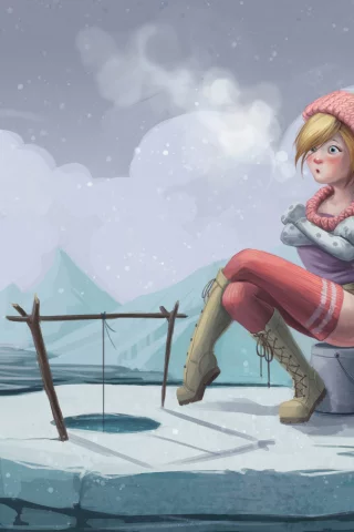 не клюет, девушка, зимняя, снег, замерзла, льдины, рыбалка