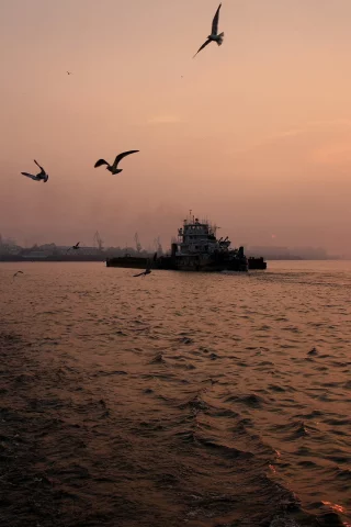 море, ночь, корабль, залив