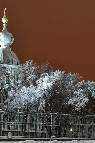зима, храм, цвет, небо