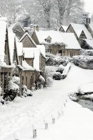 Bibury, снег, деревушка, англия, зима