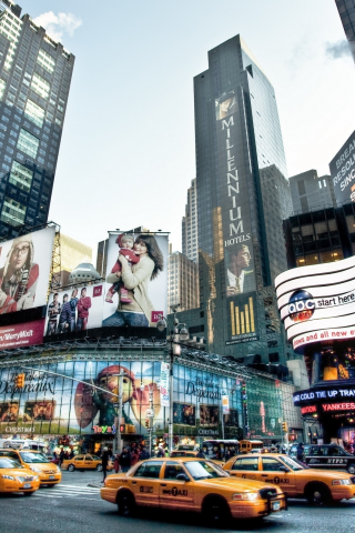 небоскребы, такси, нью-йорк, реклама, дорога