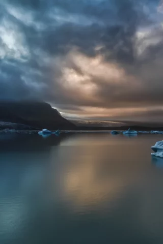море, Закат, тучи, льдины, природа, пейзаж, горы, Исландия, небо, iceland