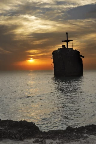море, корабль, закат