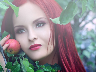 яблоко, красные волосы, девушка