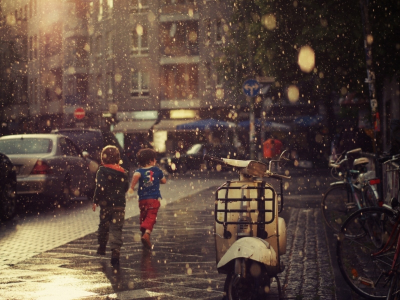 дождь, улица, дети