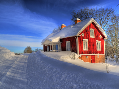 снег, зима, дорога, дом