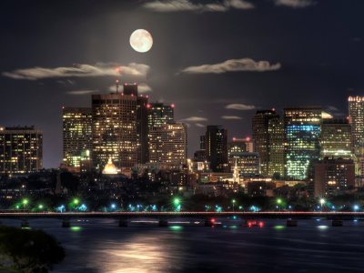 lights, moon, city, night