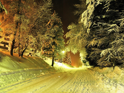 снег, зима, фонари, деревья, дорога