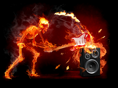 рок, скелет, гитара, огонь
