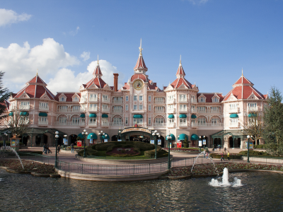 замок, Диснейленд, Disneyland, небо, отель, Париж, фонтан