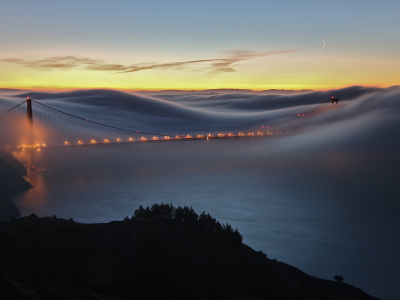 мост, ночь, туман