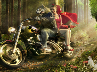 мотоцикл, красная шапочка, волк