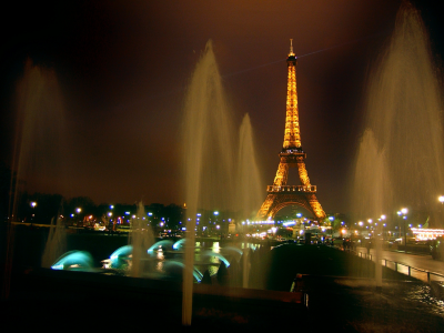 эйфелева, ночь, огни, париж, башня, фонтаны, франция