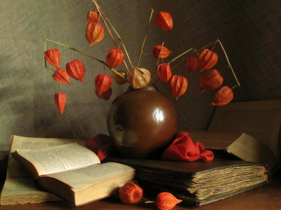 цветы, книги, натюрморт, ваза