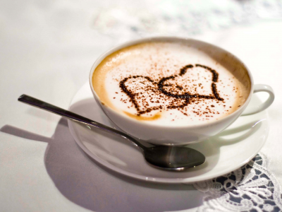 сердца, кофе, любовь, ложка, белый, скатерть, чашка, стол