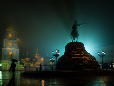 ночь, украина, монастырь, колокольня, площадь, богдана хмельницкого, киев, софийский, памятник