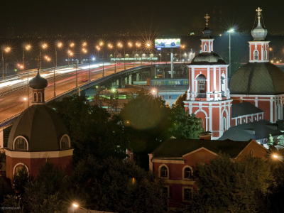 ночь, церковь, дорога, огни, москва