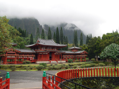 храм, зелень, пагода, туман, горы, деревья