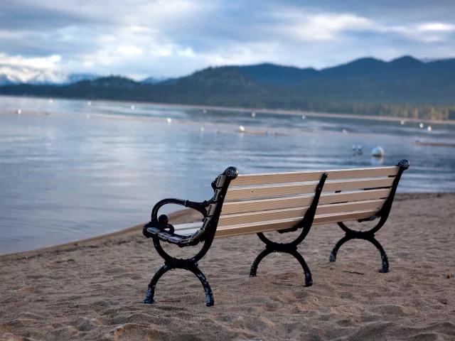 пляж, море, вечер, скамья